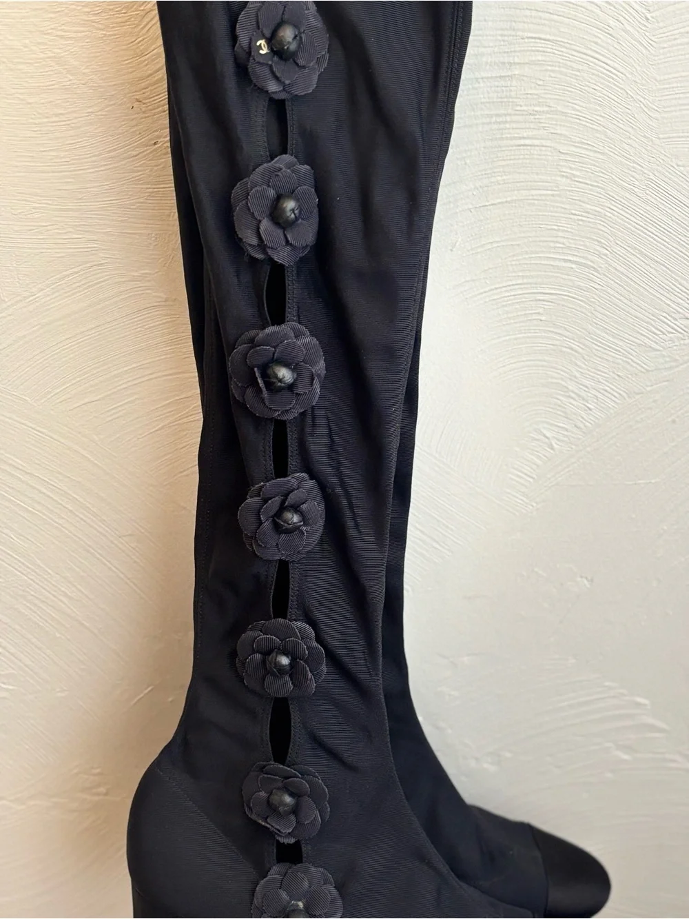 Chanel Camellia Flower Boots -thigh, highs black signature